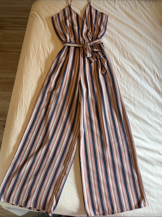 J for Justify Pants - J for Justify Blush, Navy, & Cream Striped Wide-Leg Jumpsuit